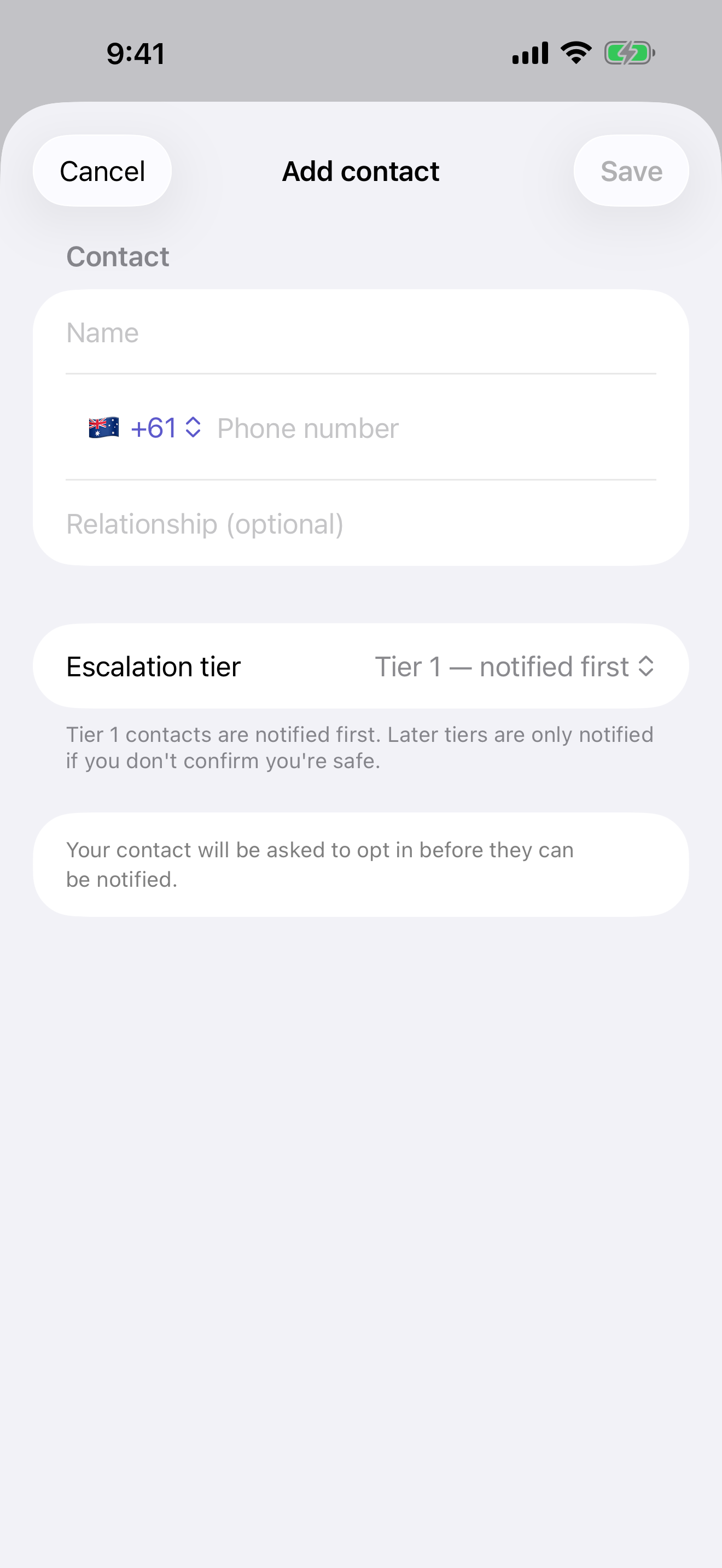 Alice Add Contact screen showing the opt-in disclosure